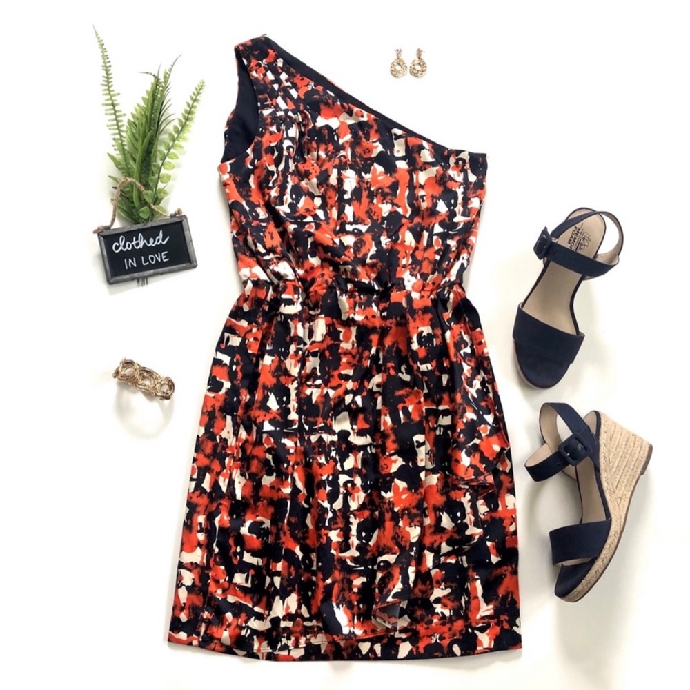Banana Republic One Shoulder Dress - Red and Black Abstract